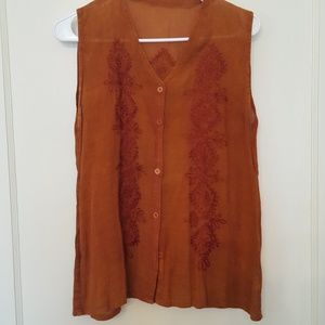 Brown embroidered gauze top vintage India